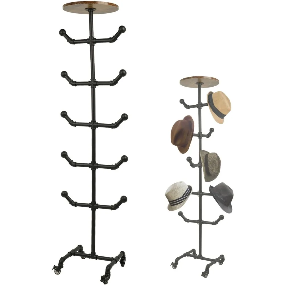 

Hats Rack Stand with Wheels 5 Tier Industrial Hat Display Stand Heavy Duty Rustic Metal Pipe Hat Rack