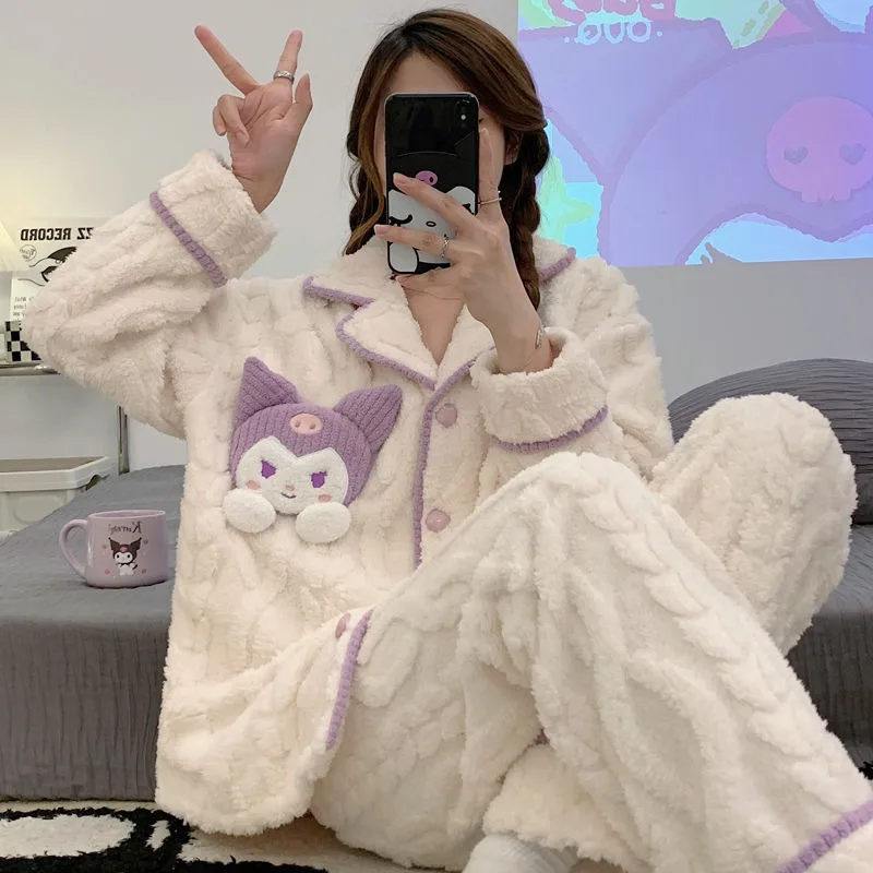 

Sanrio Kuromi Pajamas for Women Spring, Autumn and Winter Thickened Coral Velvet New Cute Home Clothes Set Can Be Weared Outside