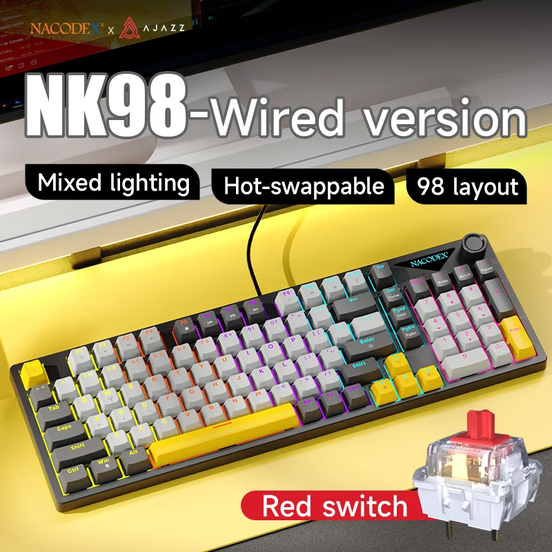 AJAZZ NK98 Hot-swappable mechanisch toetsenbord, metalen volumeknop, verlichte toetsen, bedraad toetsenbord