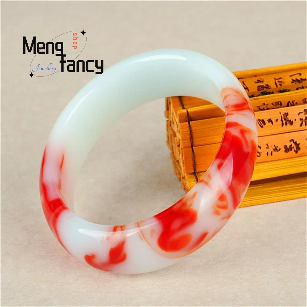 Natural Hetian Jade Red and White Floating Flower Bangle Simple Exquisite High-grade Luxury Quality Fashion Jewelry Holiday Gift