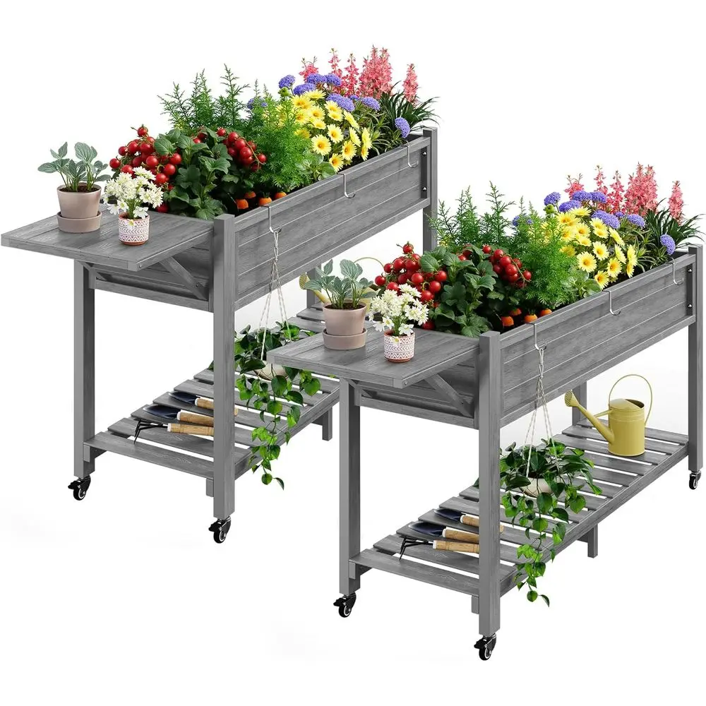 

Elevated Garden Bed with Legs: 57x18x30in Poly Planter on Wheels, Waterproof Mobile Raised Bed with Storage Shelf for Deck, Pati