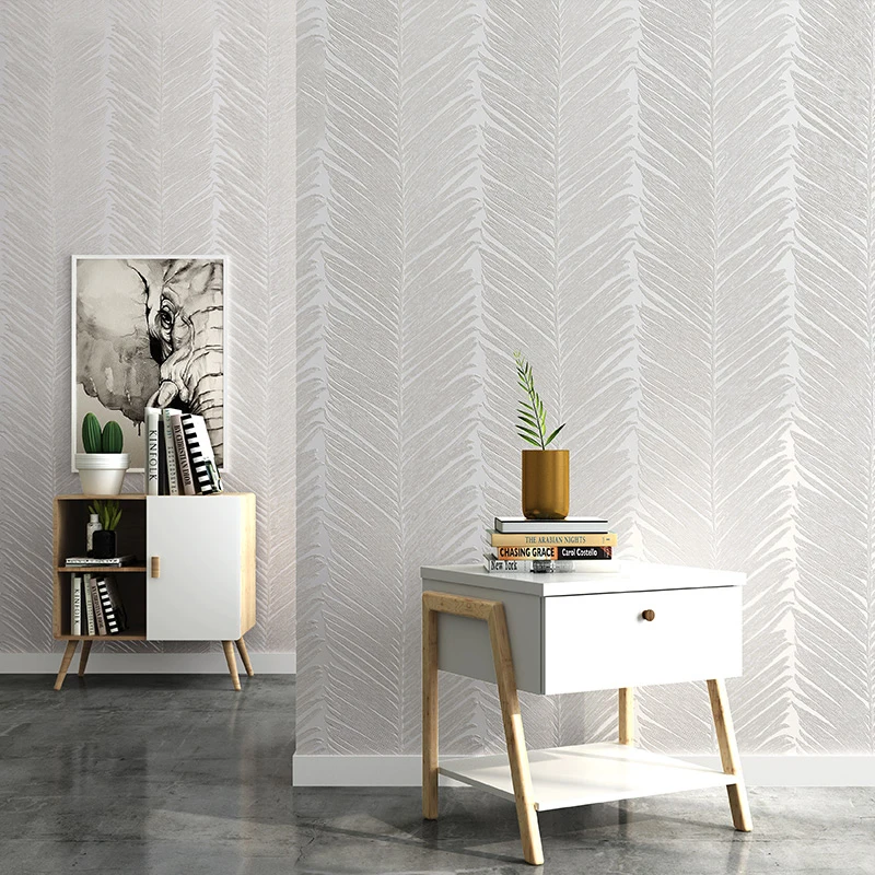 

3D Plain Palm Leaves Wallpaper White Beige Bedroom Wall Living Room Herringbone Striped Wall Paper Simple Light Luxury