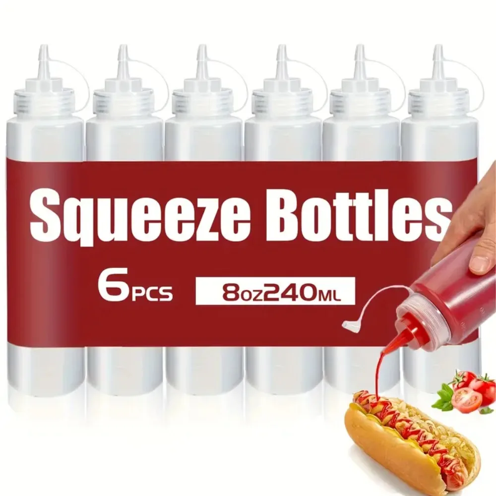 6pcs 240ml Condiment Squeeze Bottles Plastic Squeeze Squirt Bottles with Twist on Caps and Measurement for BBQ Sauces Salad Oil