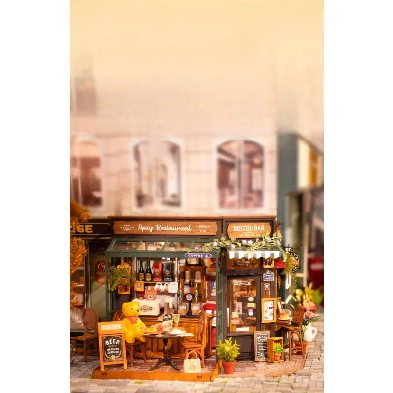 

Bear dining bar DIY handmade hut art house miniature model house assembled building block gift