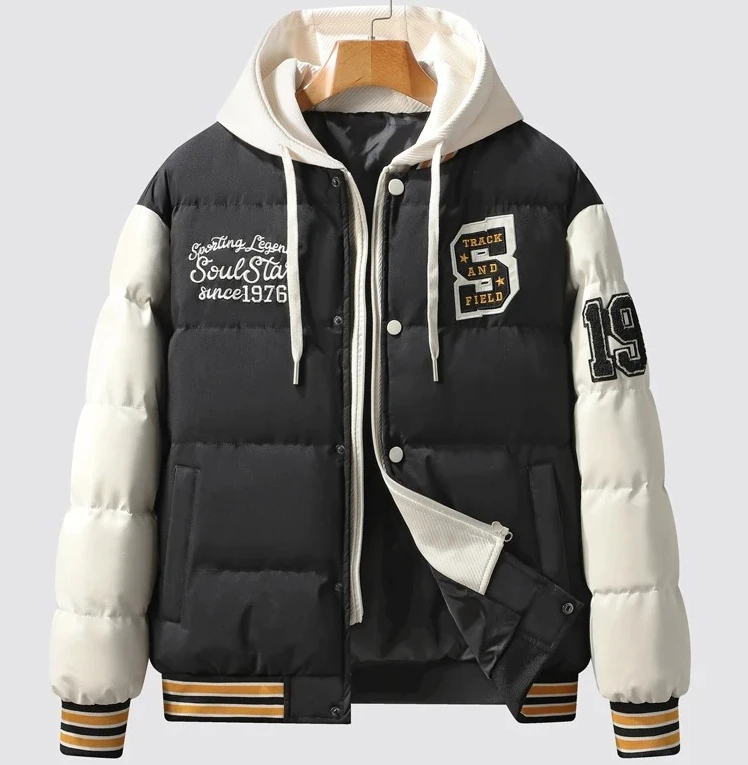 เสื้อแจ็คเก็ตบุนวมมีฮู้ดหนาสำหรับผู้ชาย ฤดูใบไม้ร่วง ฤดูหนาว เสื้อโค้ทผ้าฝ้ายแบบสองชิ้นปลอมกันลม เสื้อคลุมลำลองที่ให้ความอบอุ่น