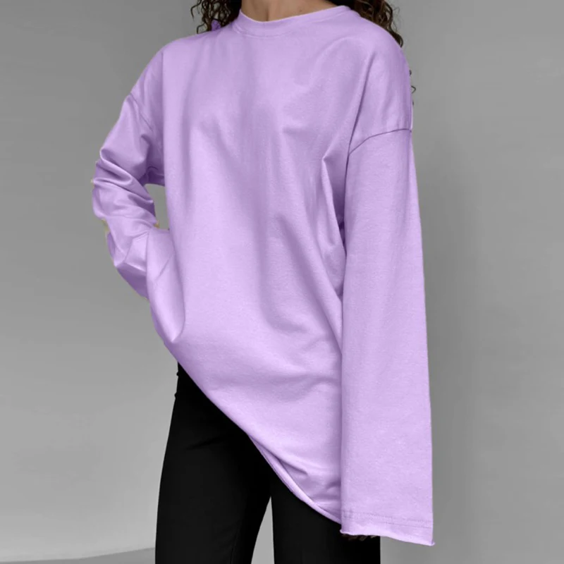 FADDISH 2024 Spring Autumn Women Fashion Round Neck Long Sleeve T-Shirts Ladies Solid Color Casual Loose Cotton Tees Tops Female