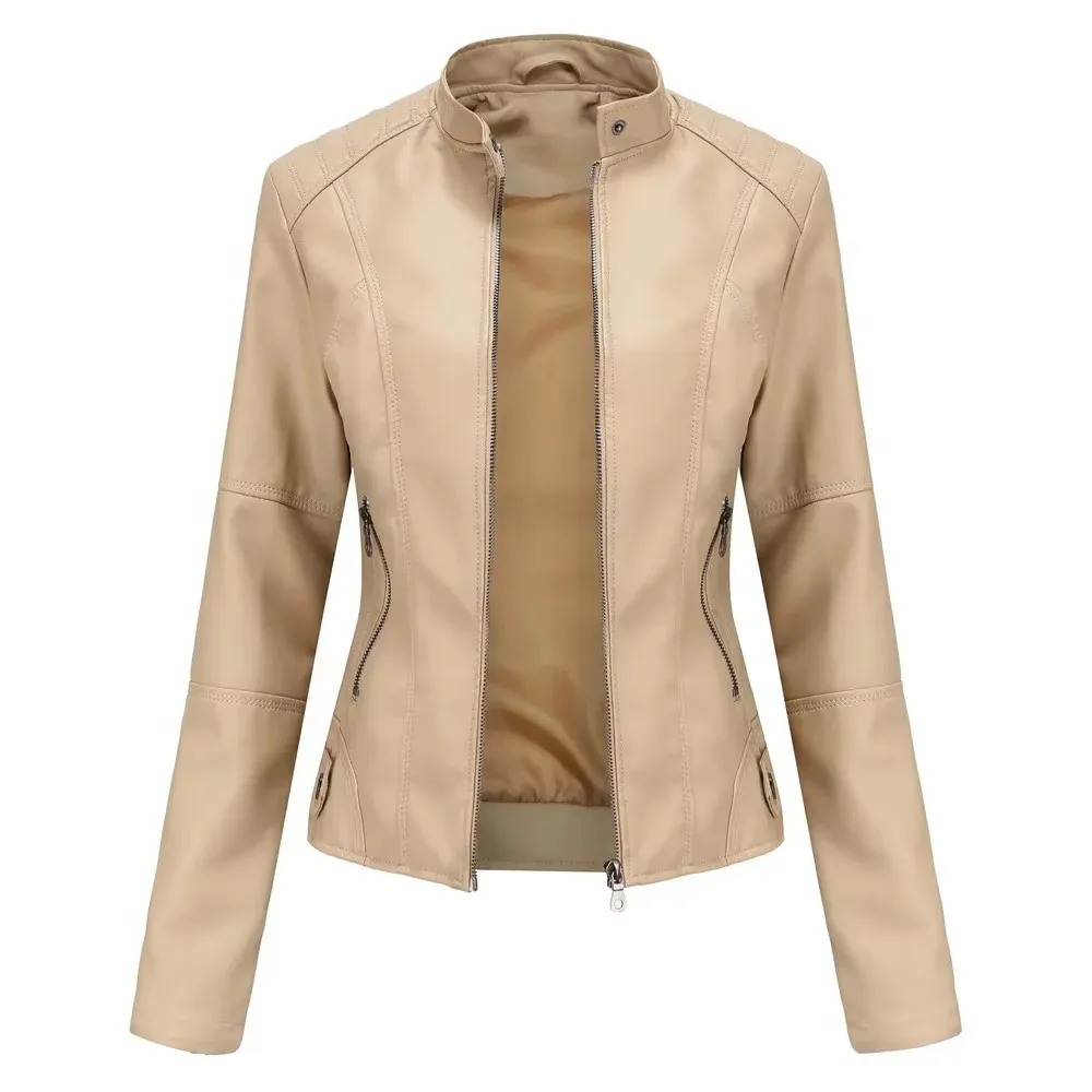 Autumn New Women Leather Jacket Slim Tops Thin Section Standing Collar Female Leather Coat
