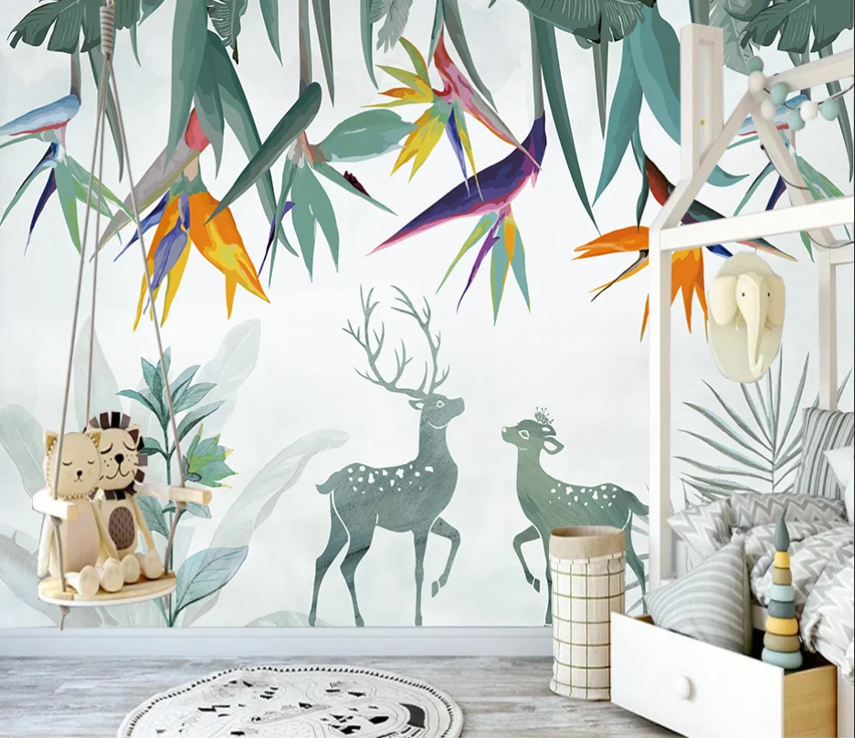 Nordic green small fresh tropical plant banana leaf Elk mural children's room background wall decoration 3d wallpaper