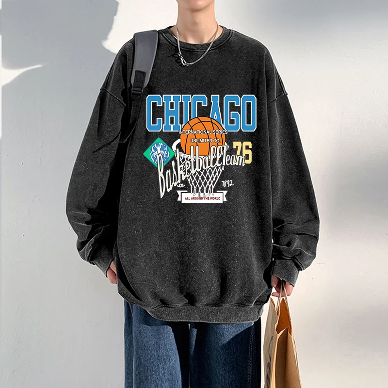 

Oversized Men Washed Sweatshirts Chicago Basketball Team 76 Prints Hoodies Autumn Crewneck Cotton Pullover Casual Couple Clothes