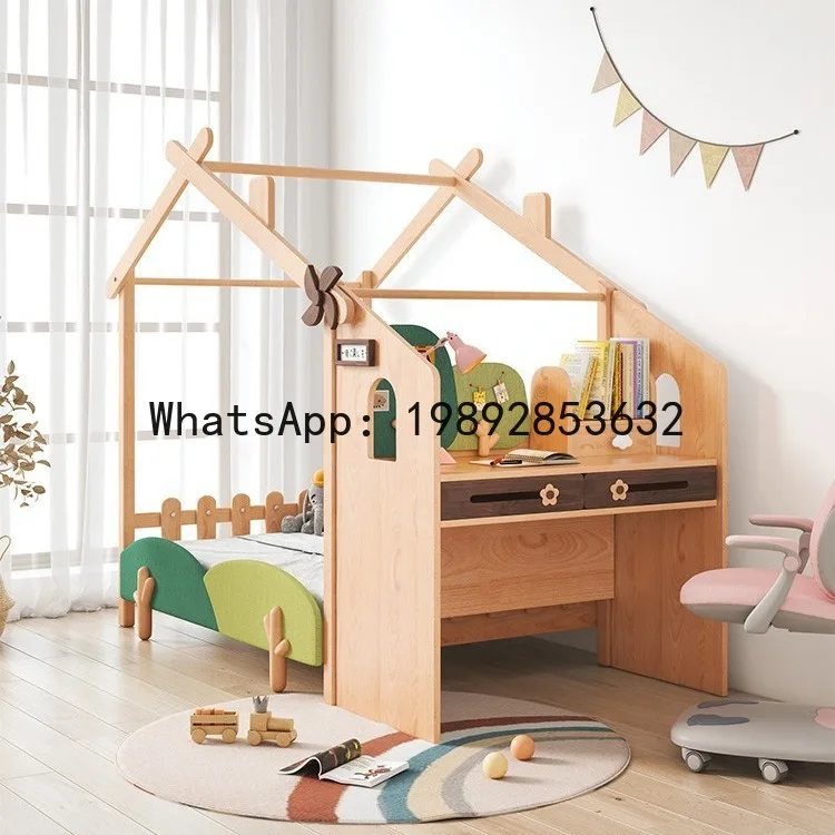 YFY Girl's Bed Solid Wood with Guardrail Treehouse Bed Desk Integrated 1.5m Extendable Bed Retractable
