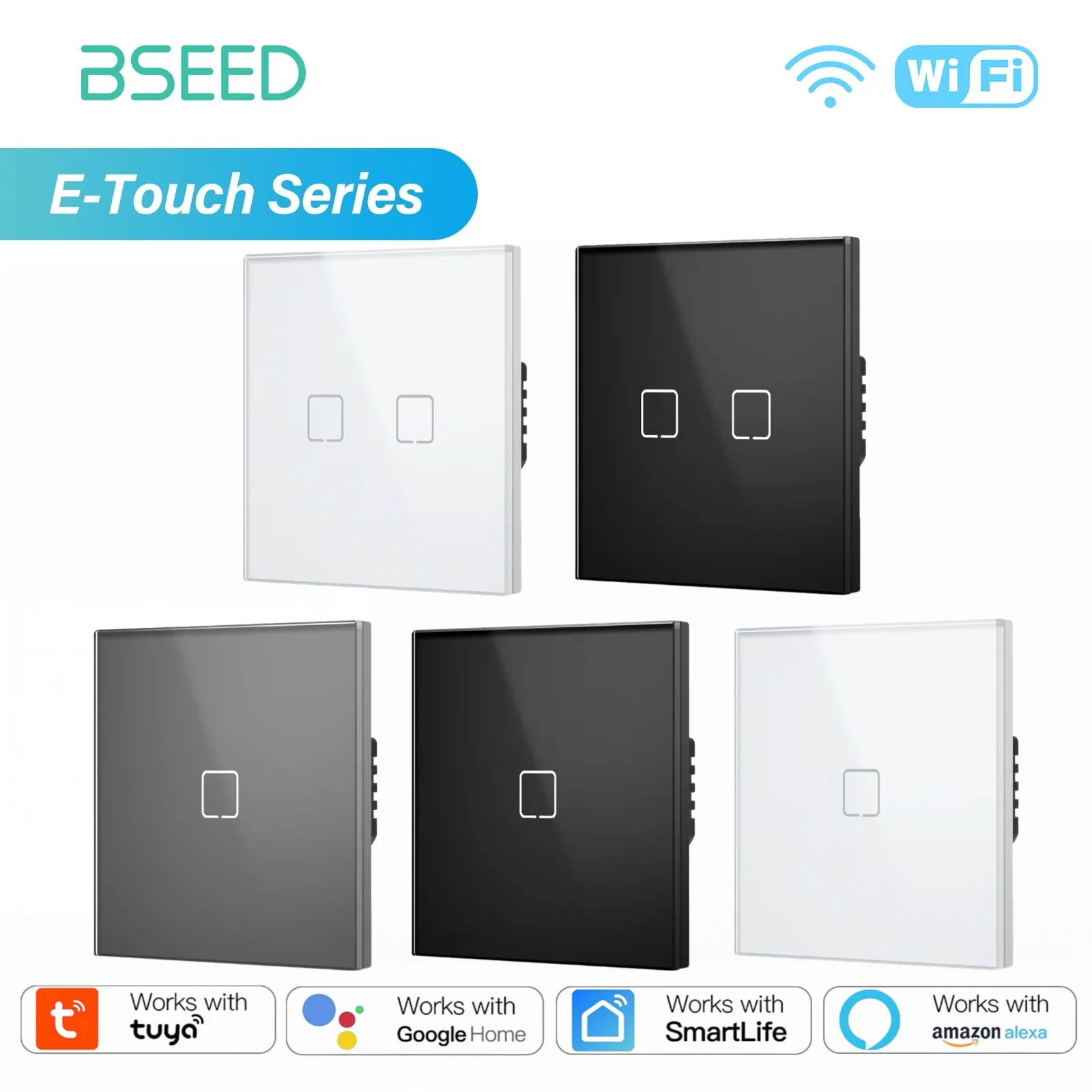 BSEED WiFi 1/2-Gang-Schalter Touch-Wandschalter Kompatibel mit Tuya Smart Life Alexa App für Treppenbeleuchtung 10A Glaspanel E-Serie