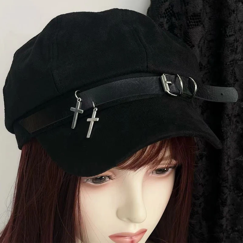 

Punk Women Harajuku Gothic Lolita Beret Hat Cap Y2K Girls Bow Punk Lace Handmake Decorative Sun Hats with Cross Pendant