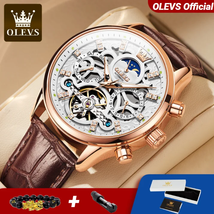 

OLEVS Skeleton Hollow мужские часы с кожаным ремешком водонепроницаемые автоматические механические часы для мужчин 6658