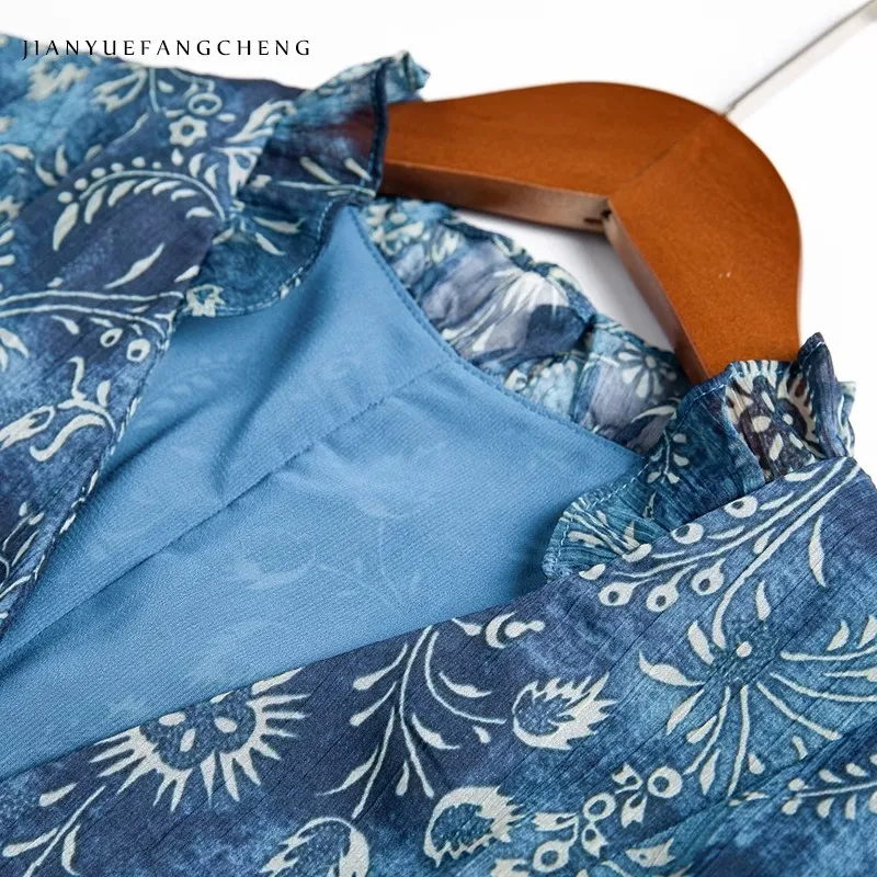 Moda floral plantas imprimir feminino manga curta com decote em v azul chiffon blusa topos para o verão vintage casual magro botão camisas