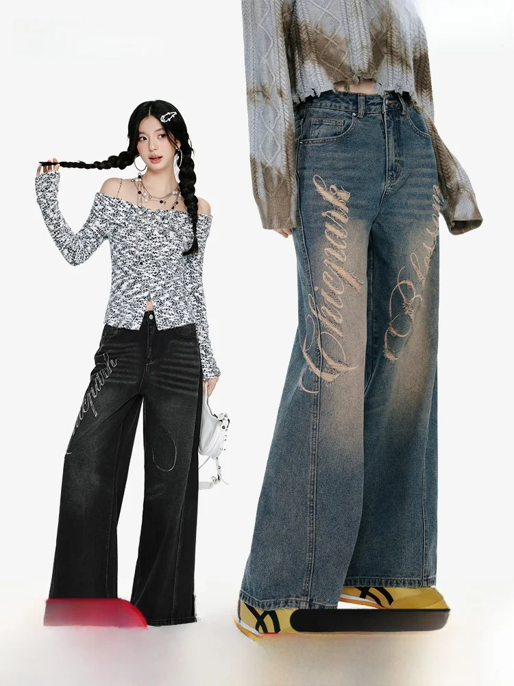 

Retro American Street Sle Distred Straight Leg Jeans Women's Loose Long Trousers with Lettering Chic Park Denim Pants