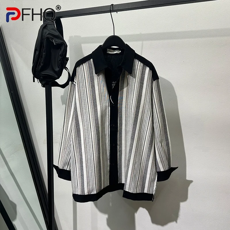 

PFHQ Men's Vertical Striped Shirt Trendy Fitting Casual Versatile Summer Male Turn-down Collar Original Personality Tops 21Z4373