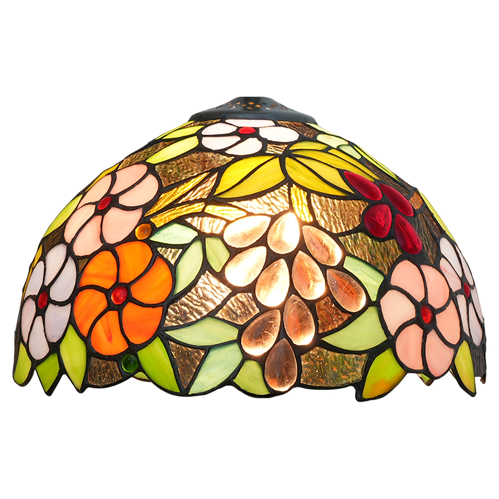 

Mediterranean Grapes Style Lampshade Replacement with Cap, Stained Glass Lamp Shade Crystal Beads Green Leaf Only for Floor Lamp