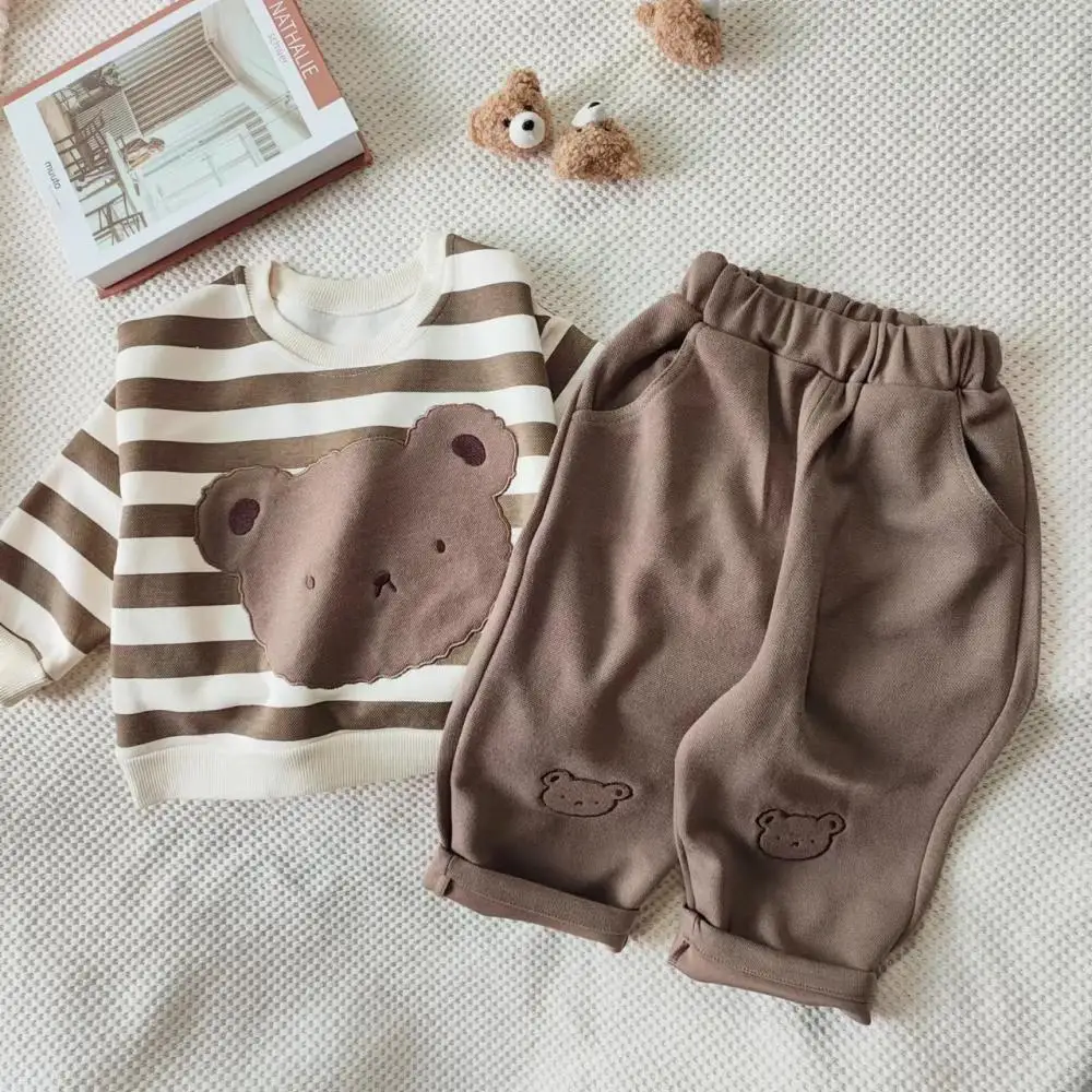 2024 Cute Little Bear Long Sleeve Girl Top Fashion Striped Baby Girl Pullover Same Style Pants with Pocket Children Matching Set