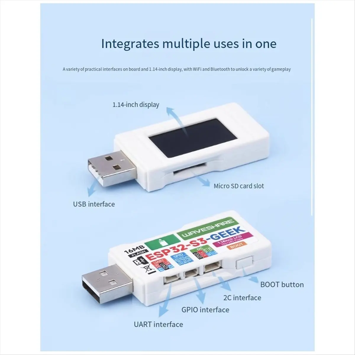 

Плата разработки ESP32-S3 — на базе чипа контроллера ESP32-S3R2 с цветным ЖК-дисплеем 1,14 дюйма, 65 тыс. цветов, поддержка Wi-Fi и Bluetooth