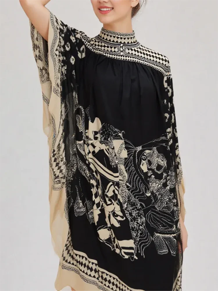 Lapel Three Quarter Sleeve Retro Printing V Neck Dress Autumn Elegant Women Loose Party Dress Femme Lacing Up Maxi Dress Vestido