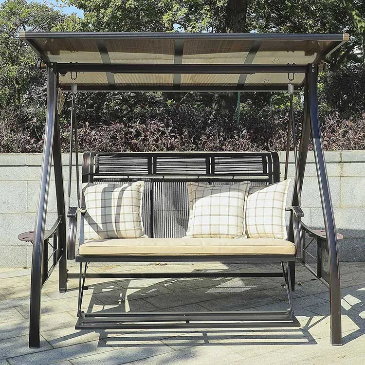 Modern 3-Seat Outdoor Patio Garden Swing Chair Canopy Metal Rattan Design Indoor Balcony School Courtyard Hall Available Black