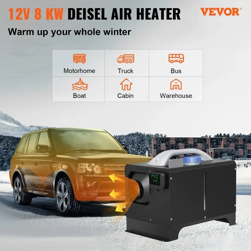 8KW, All in One 12V Truck Heater, Parking Heater with Black LCD, Remote Control Diesel Air Heater for RV Truck, Boat,Car