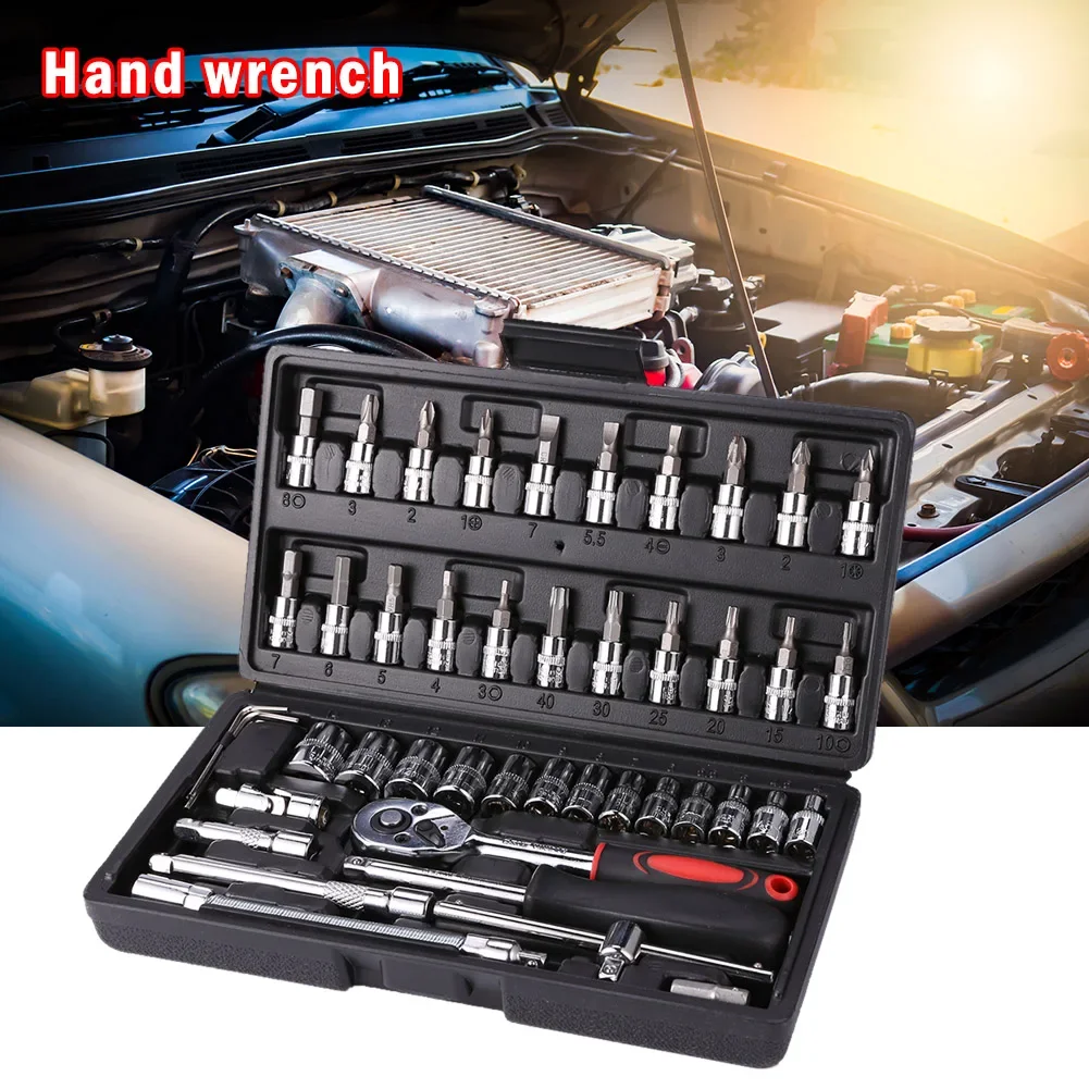 46Pcs Socket Wrench 1/4 Inch Drive Socket Set, with Metric Hex Bit Mechanic Tool Kits for Auto Car Motorcycle Repairing Tools