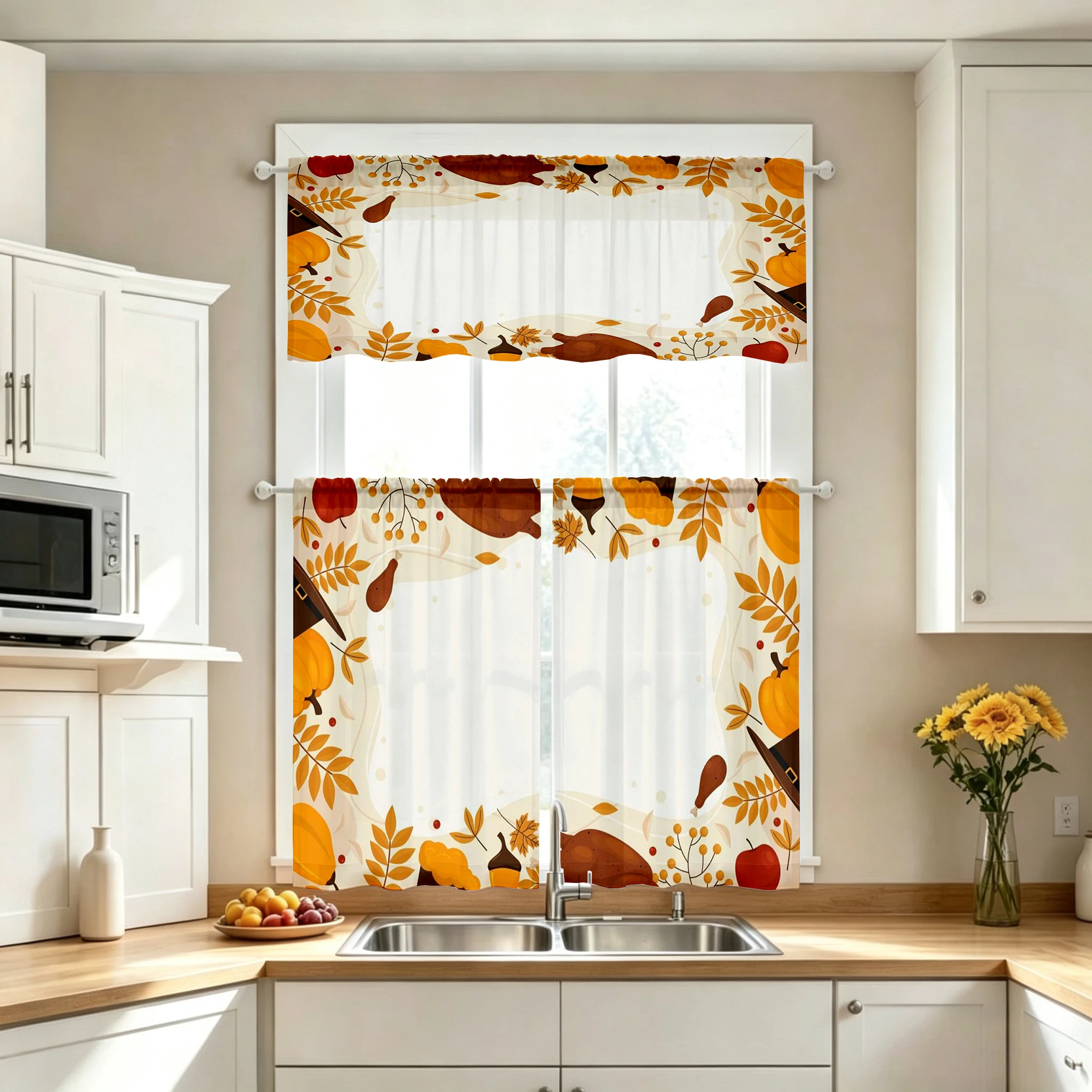 Thanksgiving Fall Kitchen Curtains, Turkey Pumpkin Frame, Digital Print, Kitchen Dining Room, Rod Pocket Polyester, Home Decor