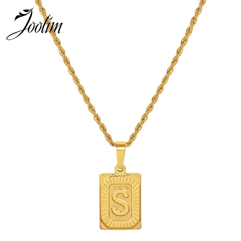 Joolim Jewelry High End PVD Wholesale No Fade Light Luxury Vintage 26 Letter Tag Pendnat Stainless Steel Necklace For Women