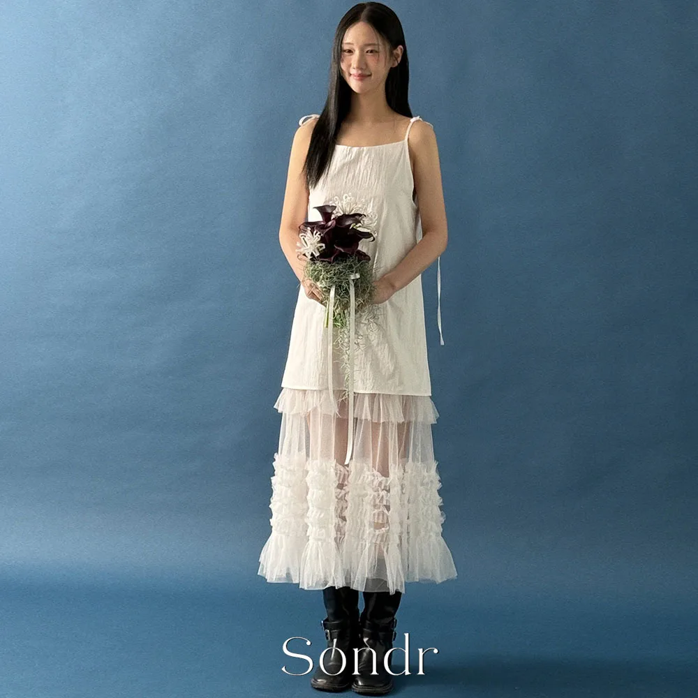 Sondr Lovely Korean Simple Wedding Snap Dresses Spaghetti Straps Ruffled Tulle Bridal Wedding Photography Dresses Summer Gown