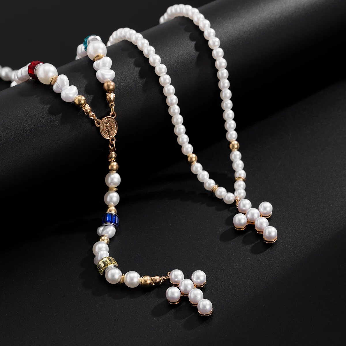 Colorful Rhinestone Beaded Cross Y Shape Necklace Vintage French Layered Faux Pearl Drop Collarbone Chain for Women