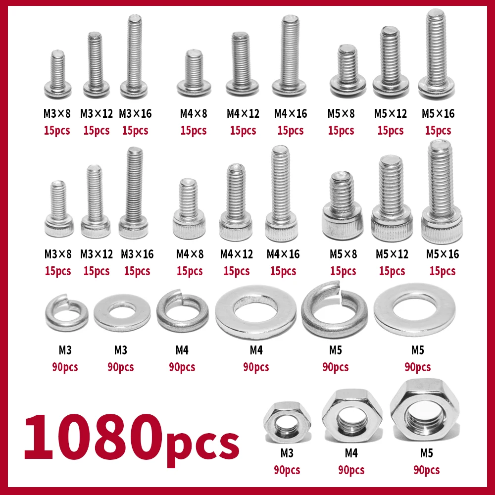 1080PCS Nuts and Bolts Assortment Kit  M3 M4 M5 M6 Screw Set Button Head & Socket Head Metric Screws 304 Stainless Steel Silver