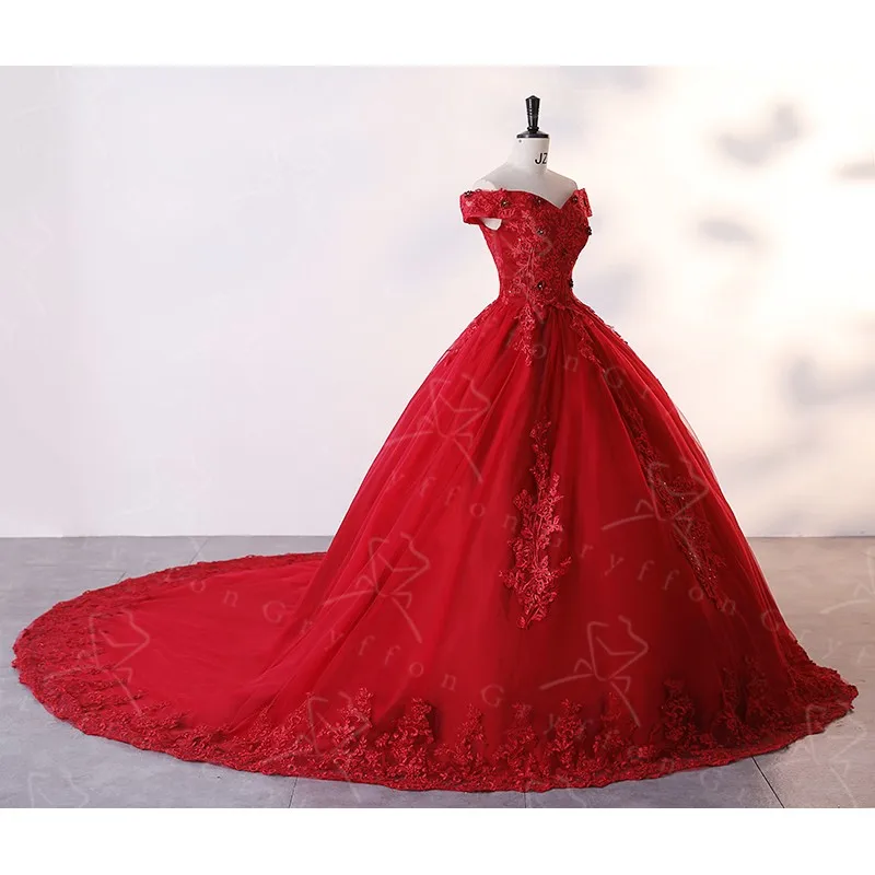 Nieuwe Dark Red Quinceanera Jurken Classic Off Shoulder Baljurk Luxe Lace Party Jurk Zoete Bloem Prom Dress Real Photo