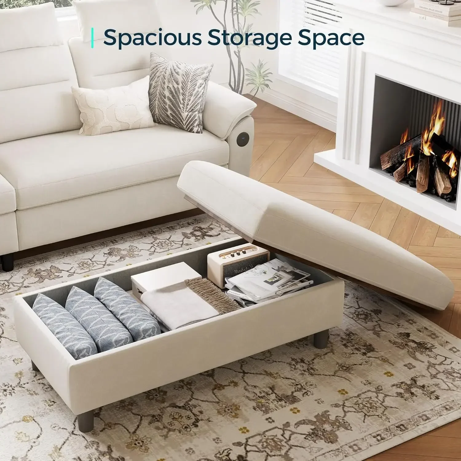 

[Hot Deal, Best Seller!]46 Inches Wide Storage Ottoman Bench, Linen Coffee Table Folding Long Shoes Bench Footstool, Storage Che