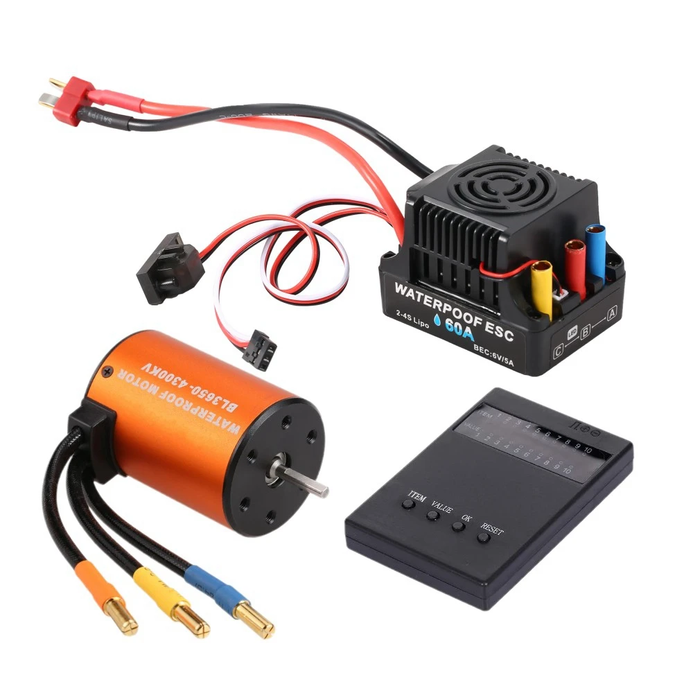 Waterproof 3650 4300KV Brushless Motor with 60A 2-4S Lipo ESC Programming Card Combo Set for 1/10 RC Car Truck