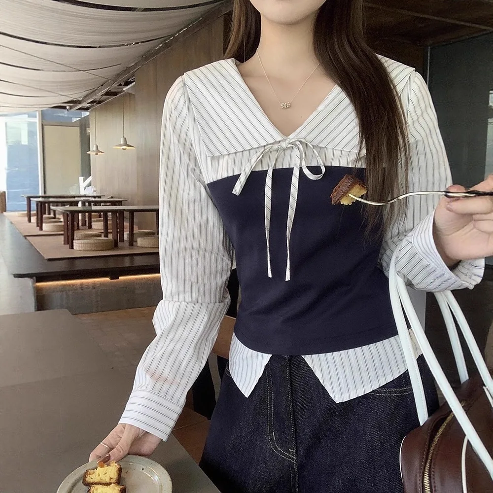 

Simplified V-neck Fake Two-piece Long Sleeved Shirt 2026 Autumn New Versatile Slimming Top for Women