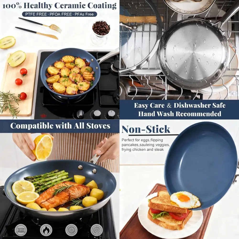 

10 Inch Ceramic Coated Stainless Steel Pan, Healthy Non-Toxic, Induction & Gas Compatible, Dishwasher & Oven Safe