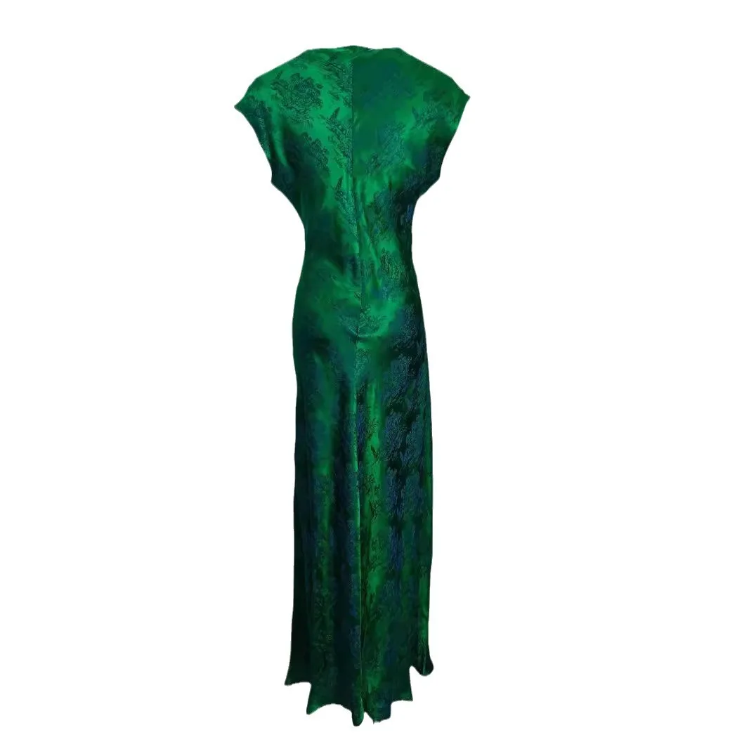 High Quality 2024 Summer Silk Two-Color Fishtail Dress Women's round Neck Banquet