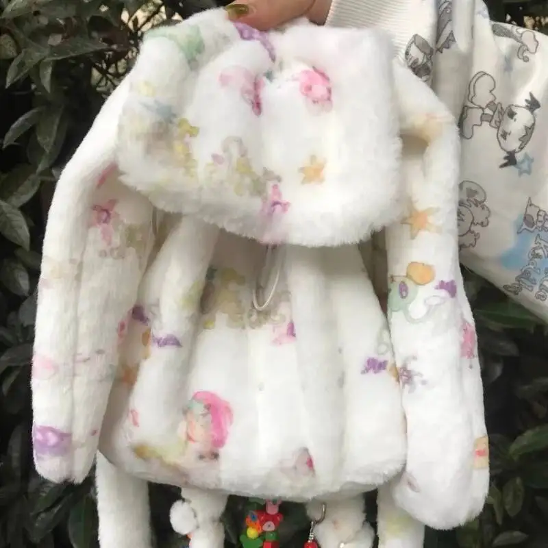 Japanese Cartoon Print Fluffy Chic Backpack Women Kawaii Cute Rabbit Ears Backpacks Girls Students Fashion Ins Schoolbags Trendy