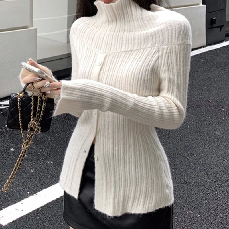 CIBBAR Elegant Button Up Split Sweater Full Sleeve Casual Solid Slash Neck Knitted Jumpers for Women Korean Fashion Vintage Y2k