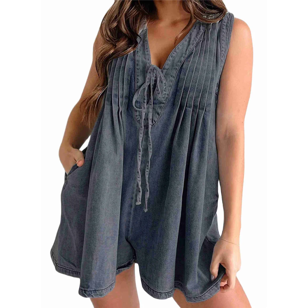 

Women'S Sleeveless V Neck Shorts Denim Romper Tie Front Ruffle Jean Short Overall with Pocket Dark Gray S