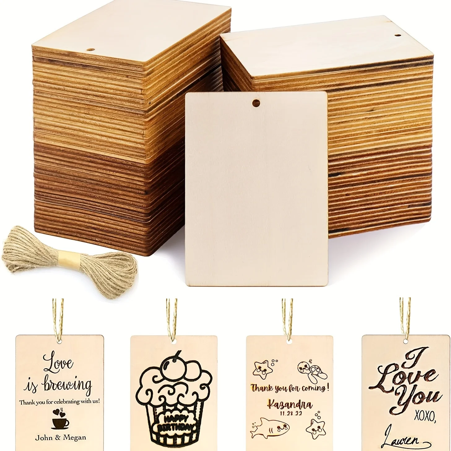 Em branco quadrado fatias de madeira com juta Twines para sinal, madeira inacabada Tags, enfeites de Natal, Gift Tags, 2,5x3,5 Polegada, 45pcs