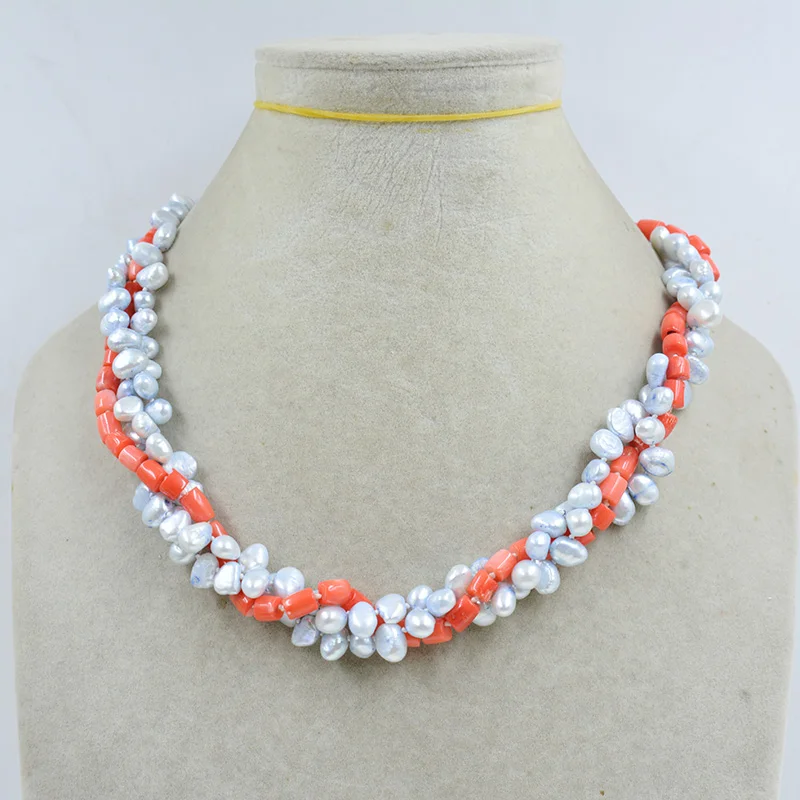 FREE DELIVERY  3 strands of natural baroque pearl coral necklace. Exquisite beautiful women's party. Birthday Gift Jewelry 19