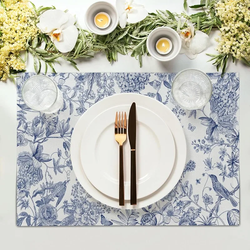 Blue-and-white Hydrangea Table Mat Bird Flower Branch Decoration Retro Farmhouse Table Mat Suitable for Home Kitchen Indoor.