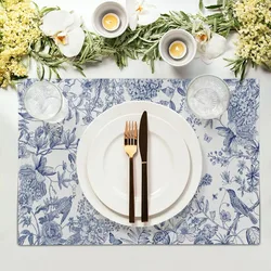 Blue-and-white Hydrangea Table Mat Bird Flower Branch Decoration Retro Farmhouse Table Mat Suitable for Home Kitchen Indoor.