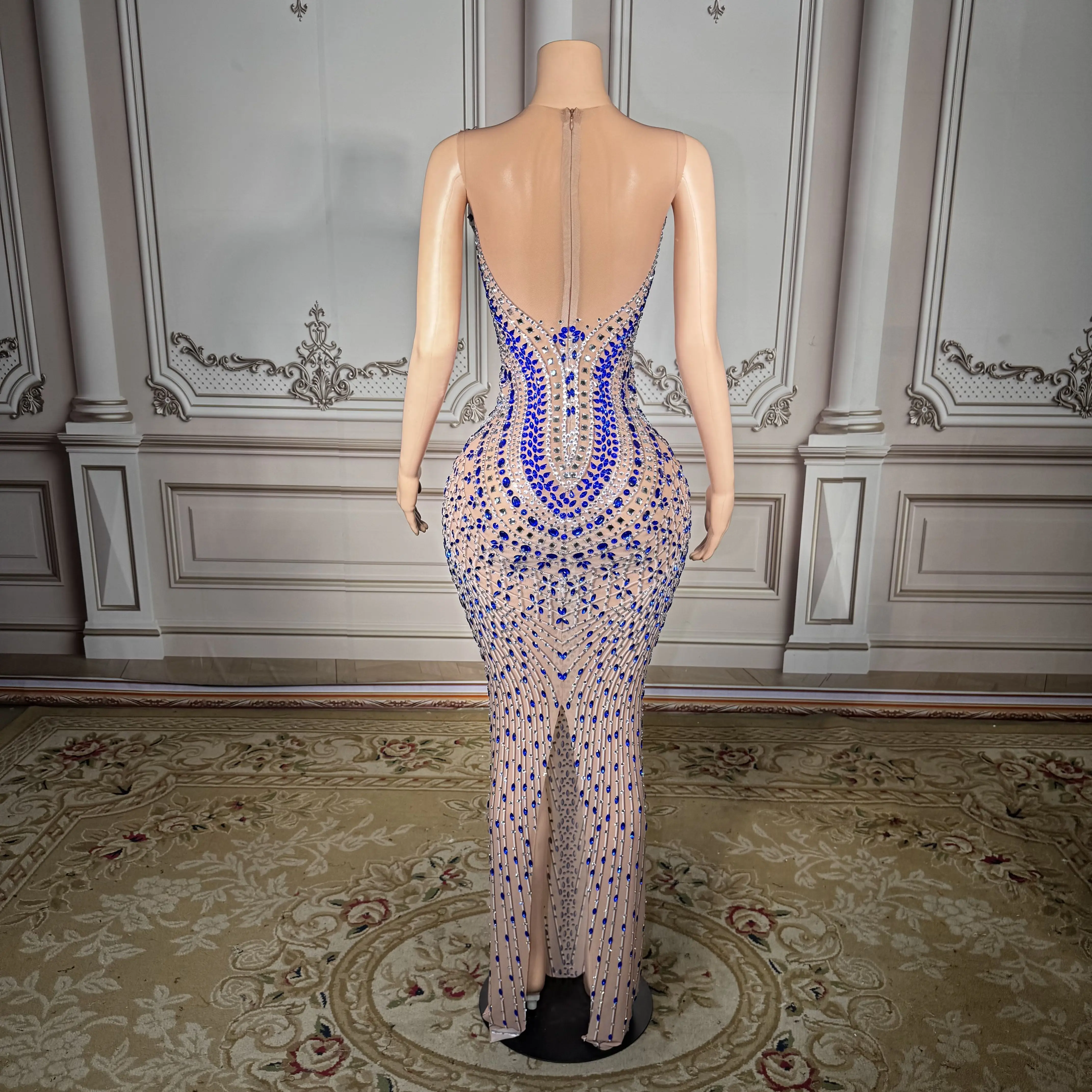 Zd strass pérola diamante incrustado em torno do pescoço sem mangas voltar split luxo elegante vestido longo noite clube bar desempenho vestido