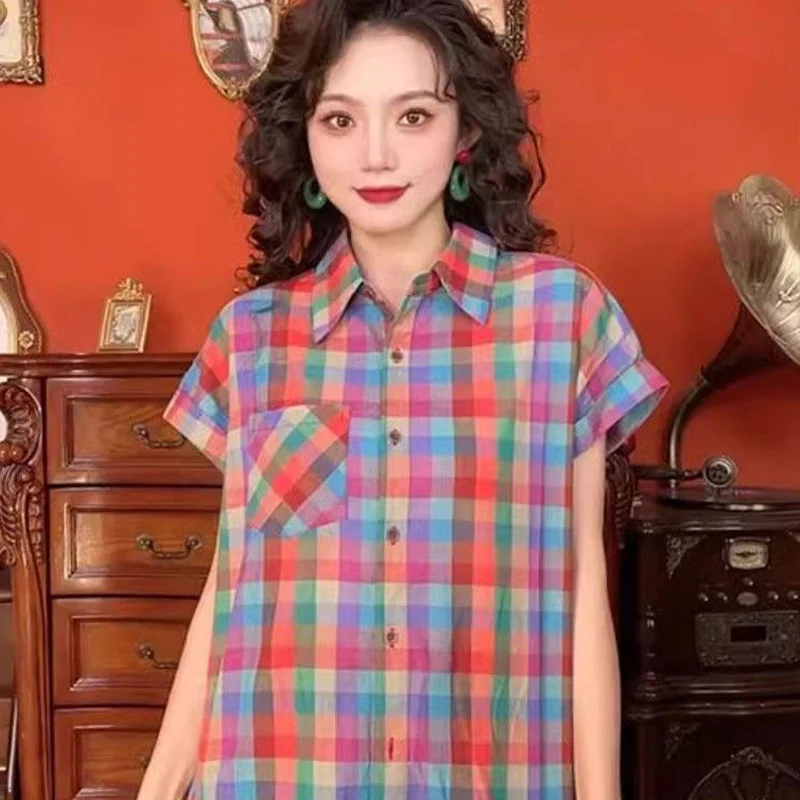 Retro Hong Kong Style Colorful Plaid Short Sleeved Shirt Summer New Color Collision Fashionable and Casual Polo Collar Lady Top