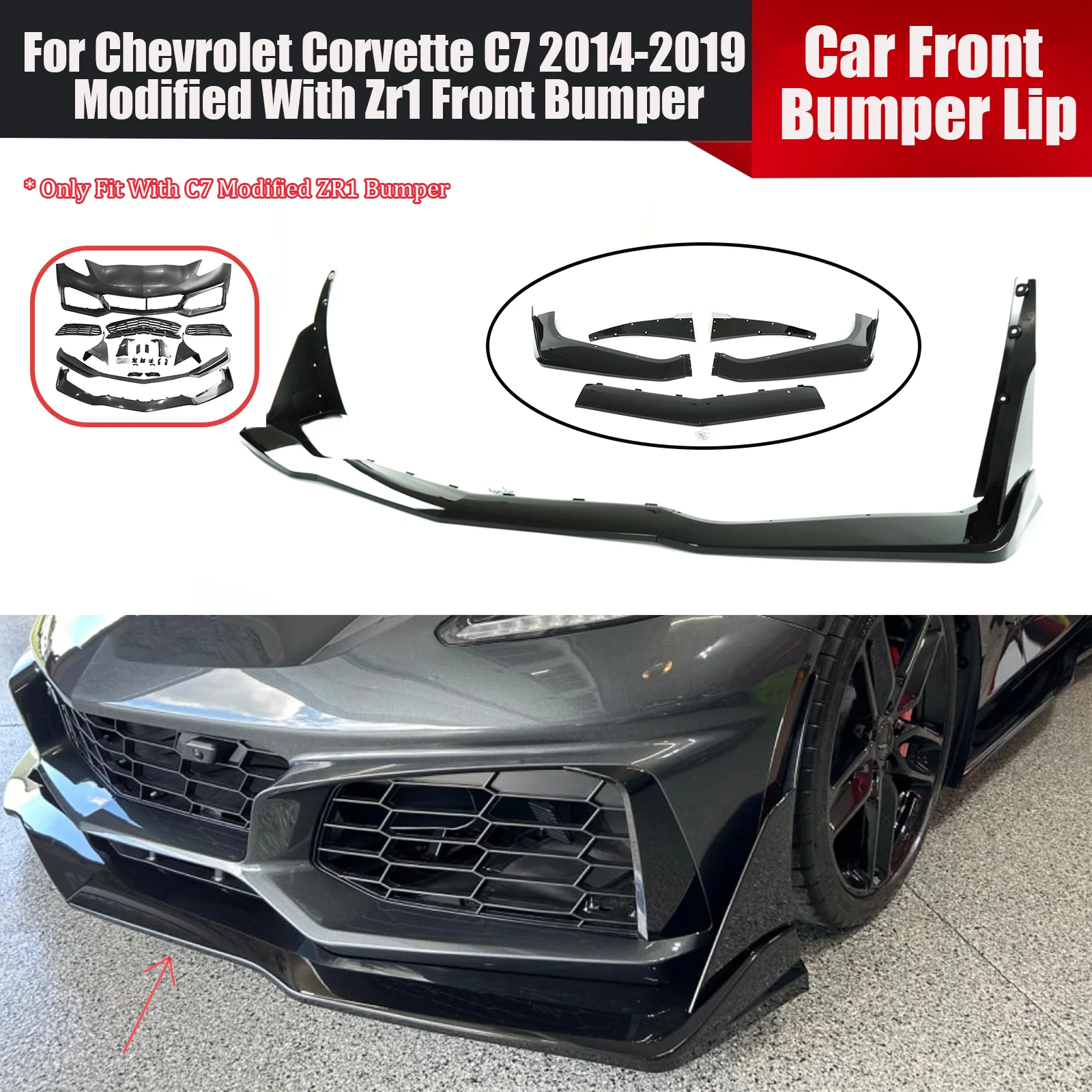 For Chevrolet Corvette C7 2014-2019 Modified With Zr1 Bumper Front Bumper Lip With Winglets Car Accessories Splitter Matte Black