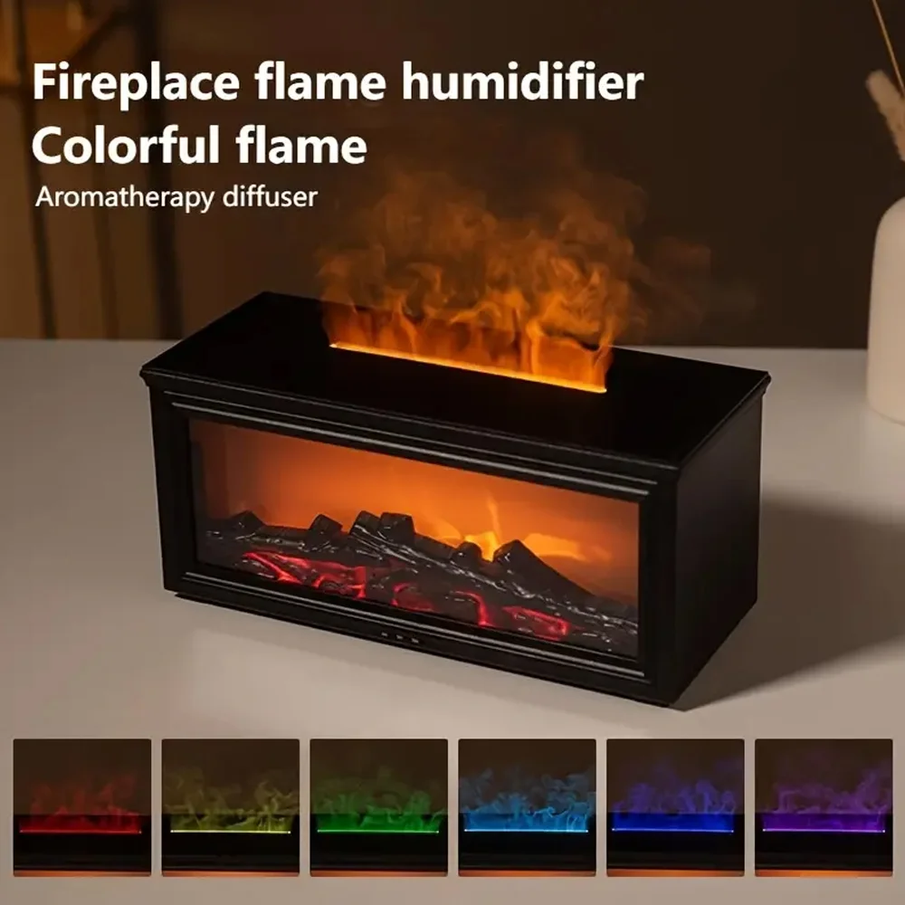 Fireplace Flame Effect Humidifier 300ml Multi Function 7 Color LED Lights Essential Oil Diffuser With Remote Control & 3 Oils