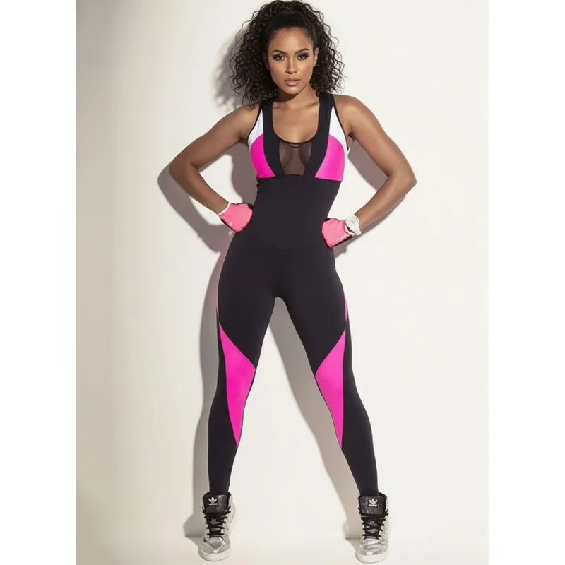 Mesh Patchwork Sleeveless Wrap Jumpsuits Stylish Spliced Butt Lifting Leggings Sportswear Woman Gym Breathable Jumpsuit 87964